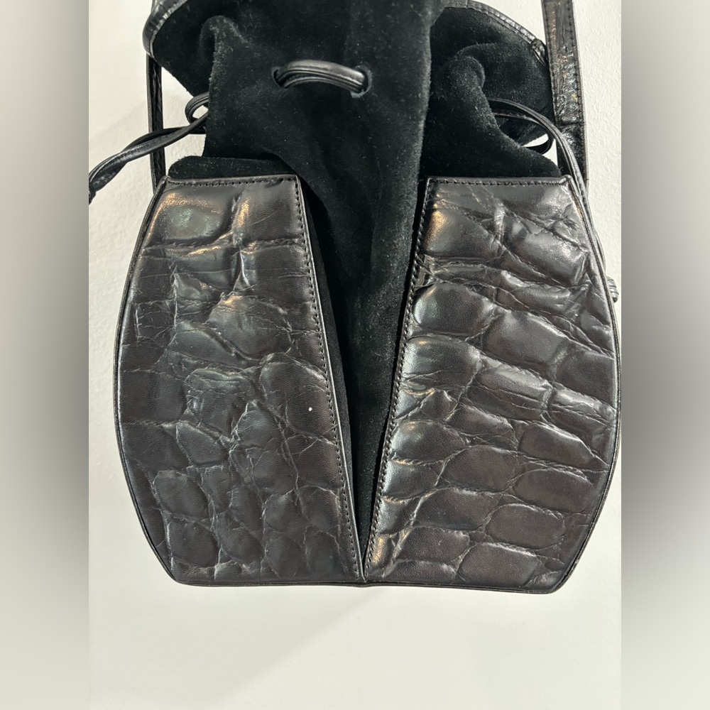 Black Leather Croc-Textured Drawstring Bucket Bag - Picture 7 of 16